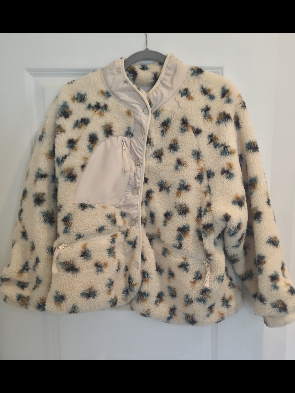 Thread & Supply Cream Sherpa Jacket with Teal & Brown Spots